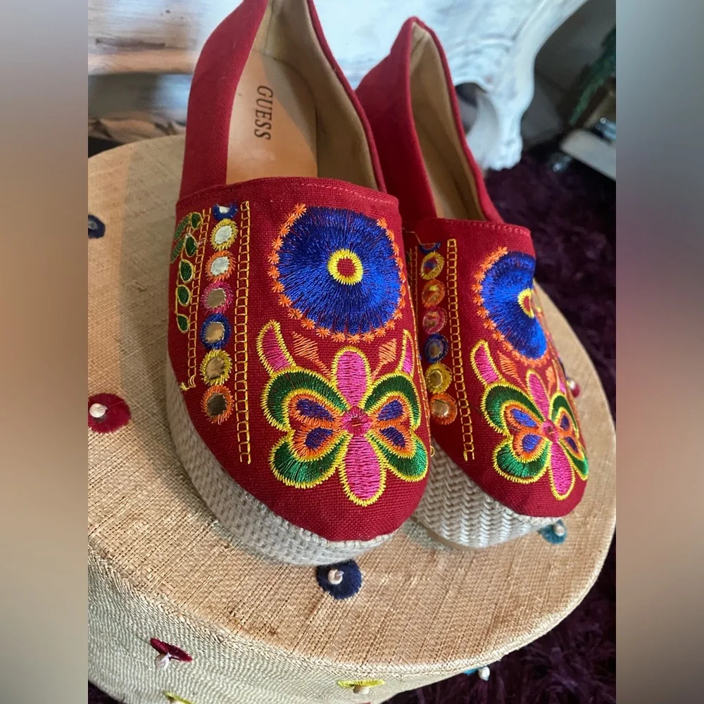 Guess Red Embroidered Platform Espadrilles